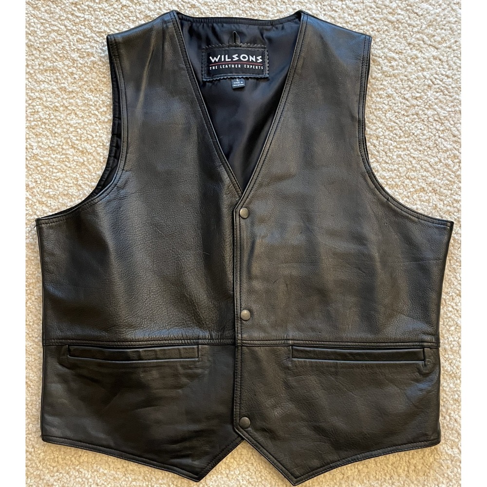 Vintage Wilsons Leather Black Motorcycle Vest Mens Large Biker Snap Front Lined